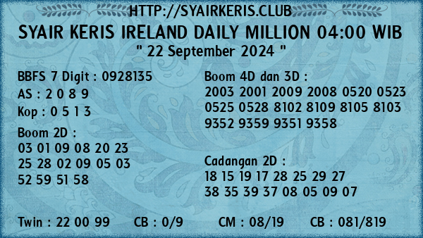 Prediksi Ireland Daily Million 04:00 WIB