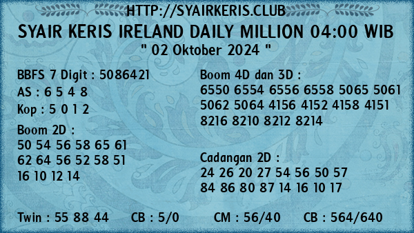 Prediksi Ireland Daily Million 04:00 WIB