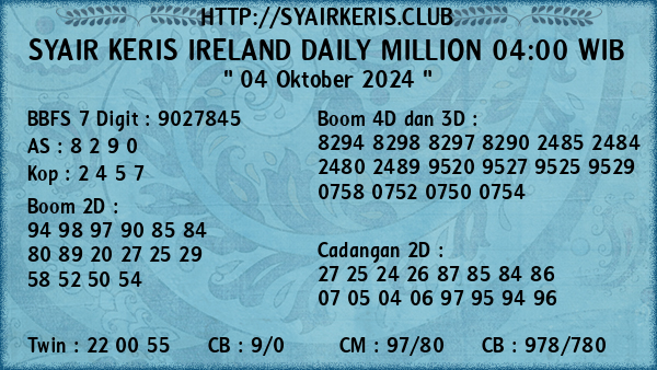 Prediksi Ireland Daily Million 04:00 WIB