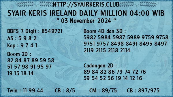 Prediksi Ireland Daily Million 04:00 WIB