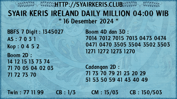 Prediksi Ireland Daily Million 04:00 WIB