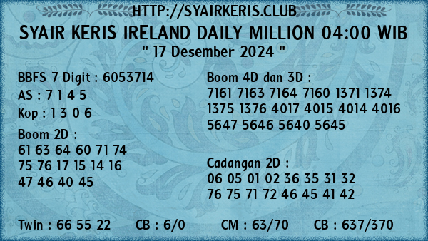 Prediksi Ireland Daily Million 04:00 WIB