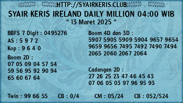 Prediksi Ireland Daily Million 04:00 WIB