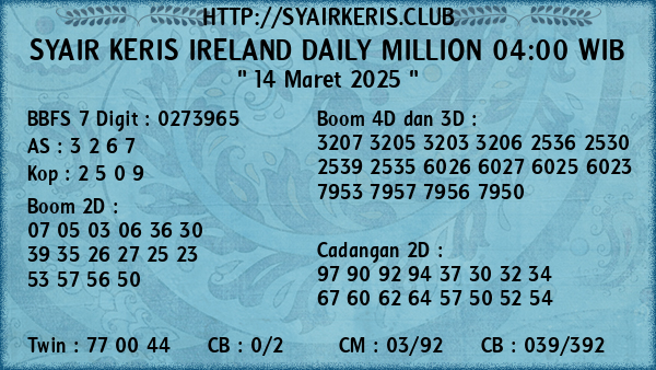 Prediksi Ireland Daily Million 04:00 WIB