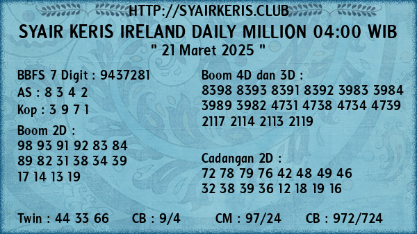 Prediksi Ireland Daily Million 04:00 WIB