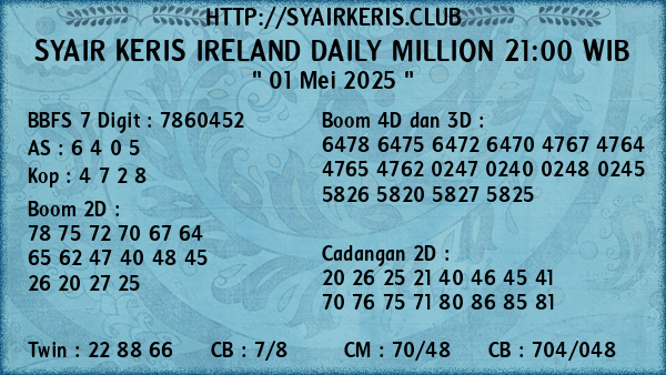 Prediksi Ireland Daily Million 21:00 WIB