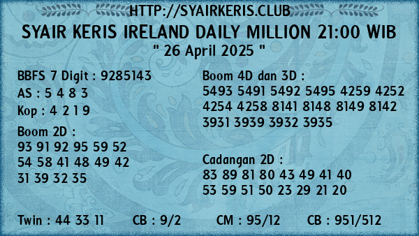 Prediksi Ireland Daily Million 21:00 WIB