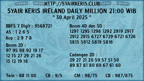 Prediksi Ireland Daily Million 21:00 WIB