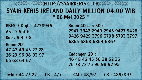 Prediksi Ireland Daily Million 04:00 WIB