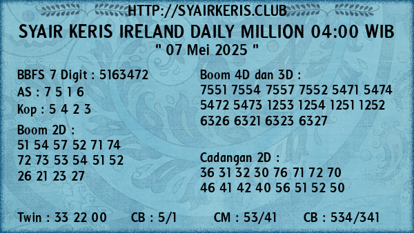 Prediksi Ireland Daily Million 04:00 WIB