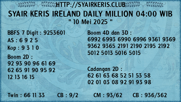 Prediksi Ireland Daily Million 04:00 WIB