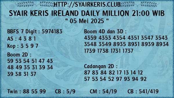Prediksi Ireland Daily Million 21:00 WIB