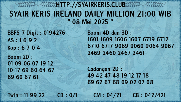 Prediksi Ireland Daily Million 21:00 WIB