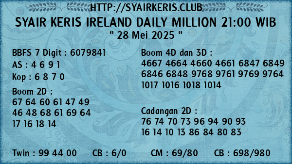 Prediksi Ireland Daily Million 21:00 WIB