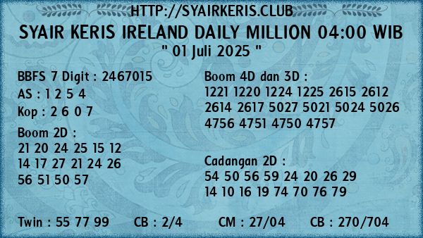 Prediksi Ireland Daily Million 04:00 WIB