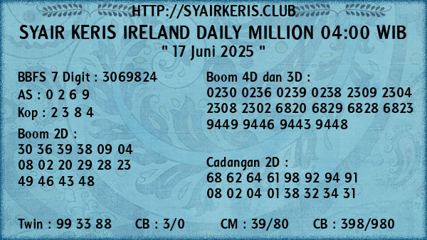 Prediksi Ireland Daily Million 04:00 WIB