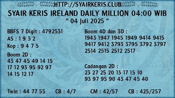 Prediksi Ireland Daily Million 04:00 WIB