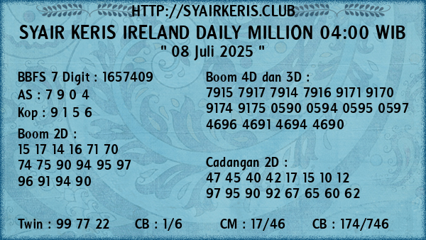 Prediksi Ireland Daily Million 04:00 WIB