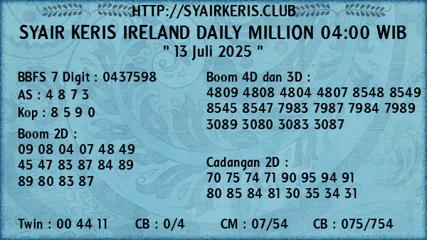 Prediksi Ireland Daily Million 04:00 WIB