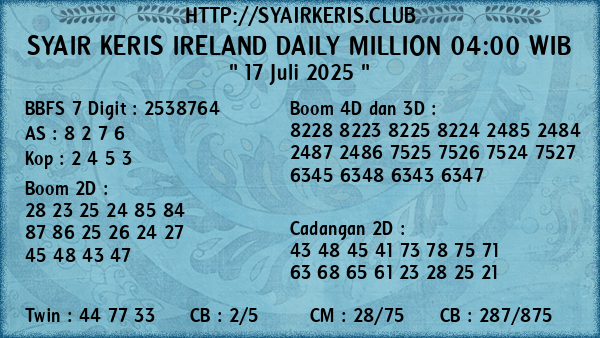 Prediksi Ireland Daily Million 04:00 WIB