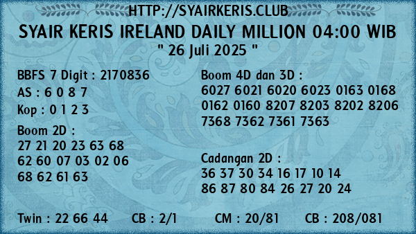 Prediksi Ireland Daily Million 04:00 WIB