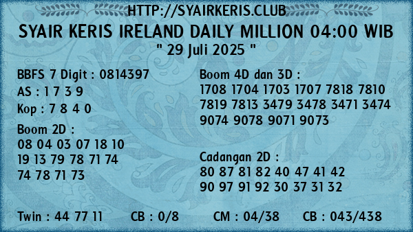 Prediksi Ireland Daily Million 04:00 WIB