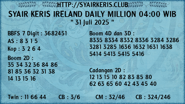Prediksi Ireland Daily Million 04:00 WIB