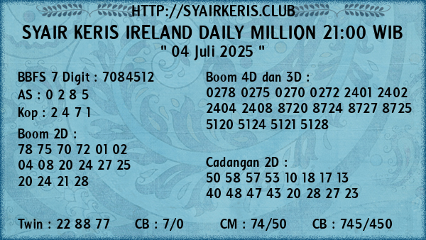 Prediksi Ireland Daily Million 21:00 WIB