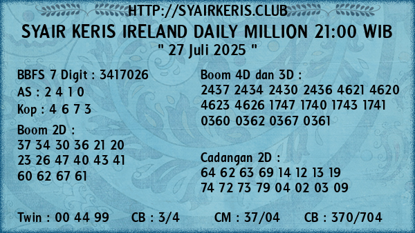 Prediksi Ireland Daily Million 21:00 WIB