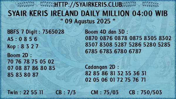Prediksi Ireland Daily Million 04:00 WIB