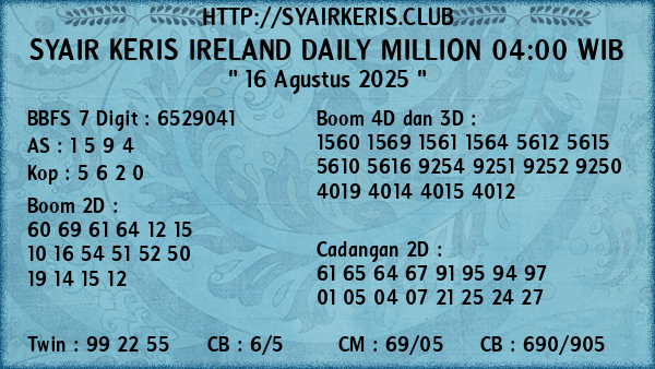 Prediksi Ireland Daily Million 04:00 WIB