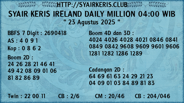 Prediksi Ireland Daily Million 04:00 WIB