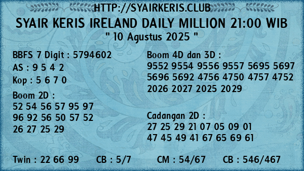 Prediksi Ireland Daily Million 21:00 WIB