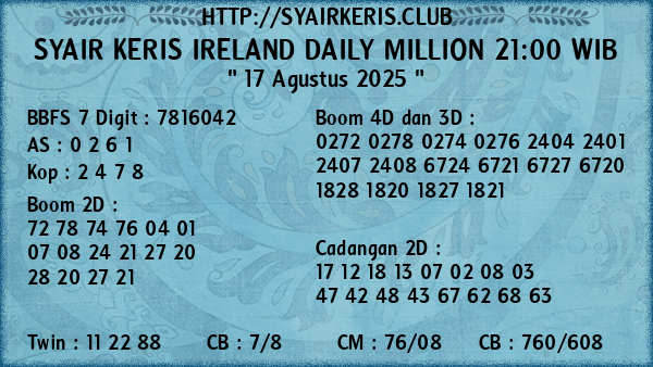Prediksi Ireland Daily Million 21:00 WIB