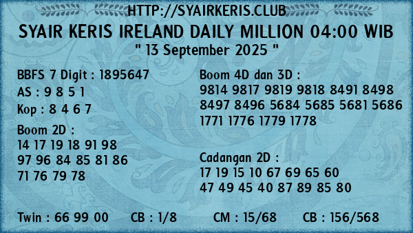 Prediksi Ireland Daily Million 04:00 WIB
