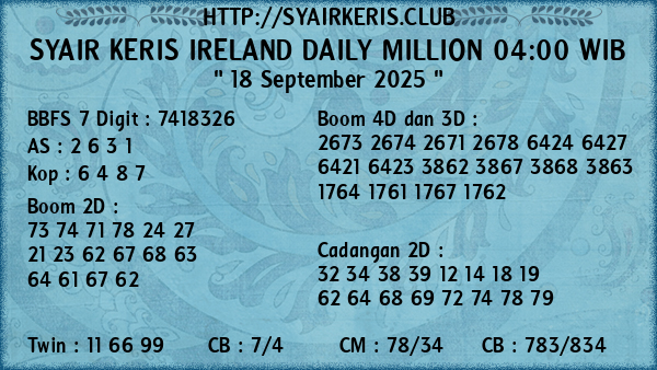 Prediksi Ireland Daily Million 04:00 WIB
