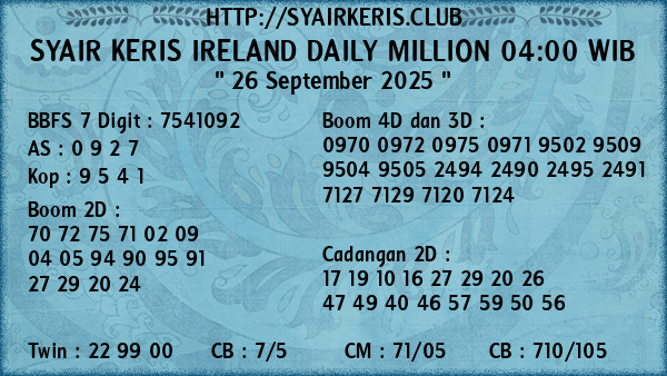 Prediksi Ireland Daily Million 04:00 WIB