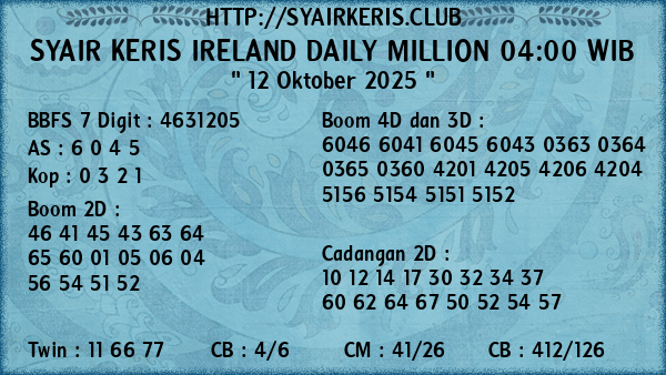 Prediksi Ireland Daily Million 04:00 WIB
