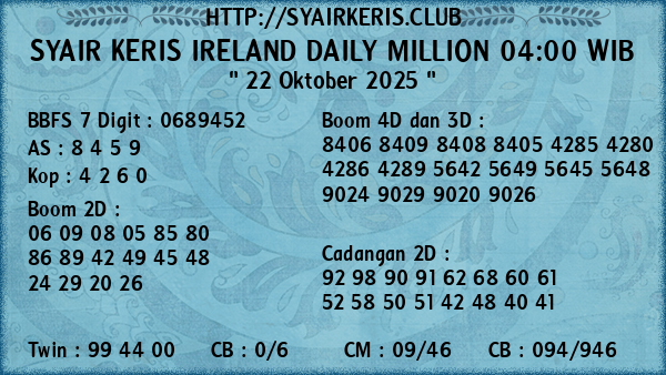 Prediksi Ireland Daily Million 04:00 WIB