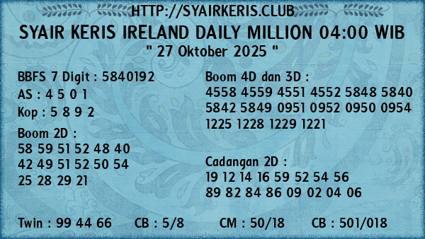 Prediksi Ireland Daily Million 04:00 WIB