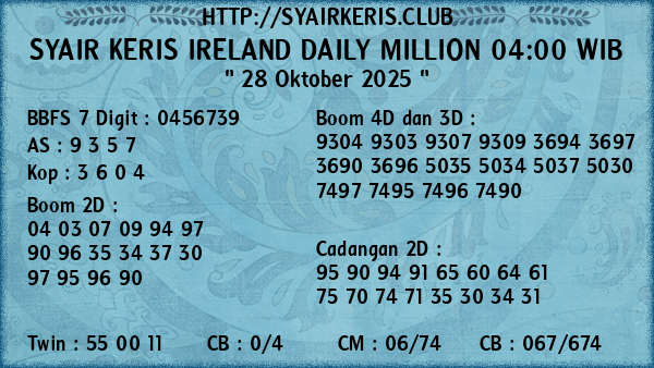 Prediksi Ireland Daily Million 04:00 WIB