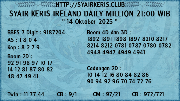 Prediksi Ireland Daily Million 21:00 WIB