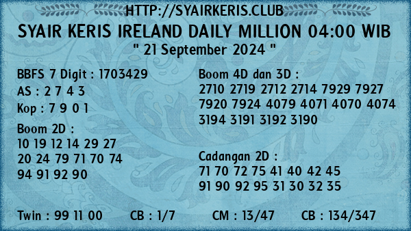 Prediksi Ireland Daily Million 04:00 WIB