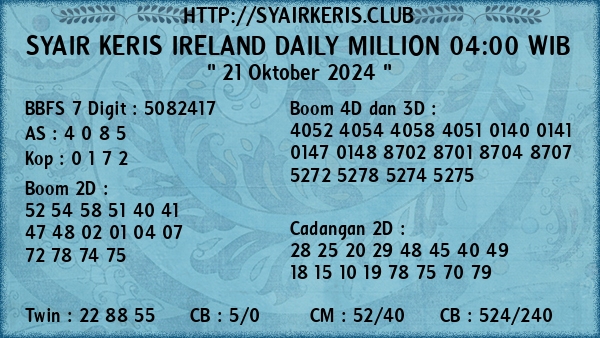 Prediksi Ireland Daily Million 04:00 WIB