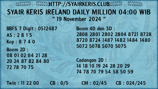 Prediksi Ireland Daily Million 04:00 WIB