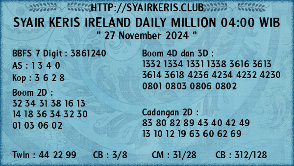 Prediksi Ireland Daily Million 04:00 WIB