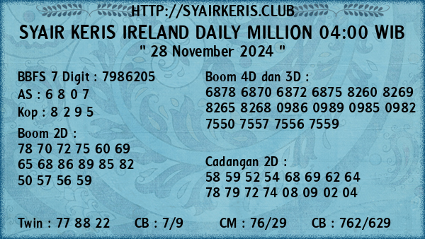 Prediksi Ireland Daily Million 04:00 WIB