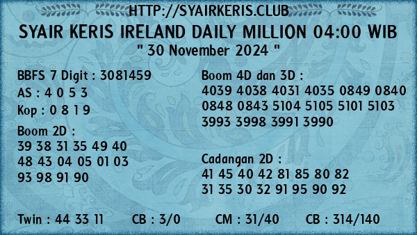 Prediksi Ireland Daily Million 04:00 WIB