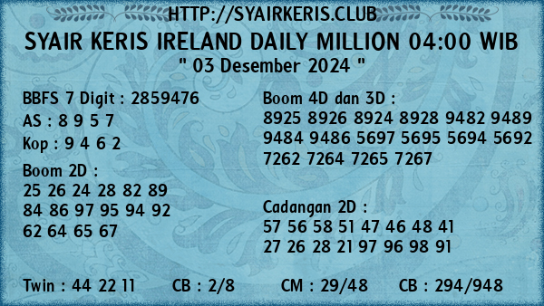 Prediksi Ireland Daily Million 04:00 WIB