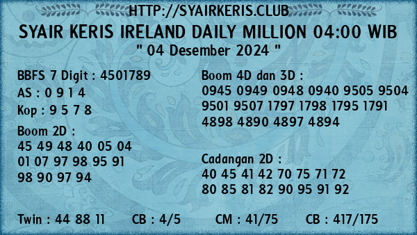 Prediksi Ireland Daily Million 04:00 WIB